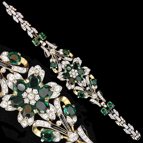 Trifari 'Alfred Philippe' 'Empress' Pave Emerald and Black Enamel Star Flower Bracelet