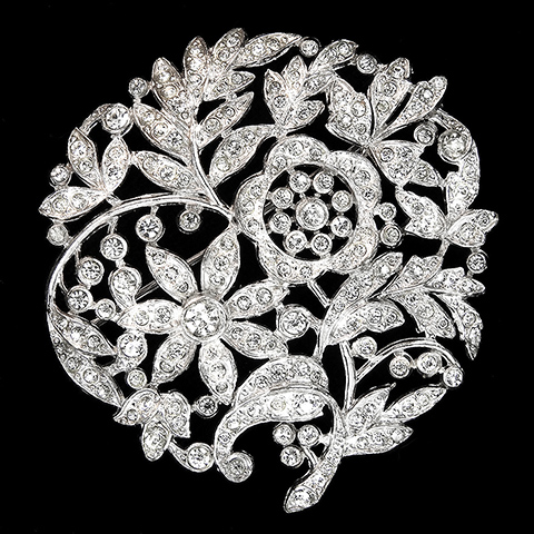 KTF Trifari 'Alfred Philippe' Pave and Openwork Circular Floral Scene with Flowers and Leaves Pin 
