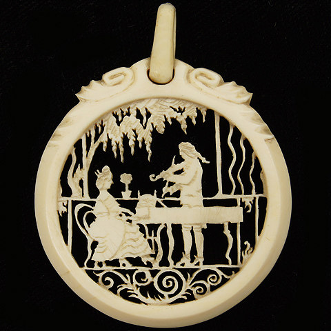 Victorian Intricately Carved Ivory Violin Player in Duet with Lady Harpsichord Player Musical Scene Pendant