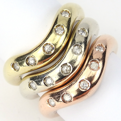 Set of Three Interlocking 14 Karat Yellow, Rose, and White Gold, and Real Diamond Finger Rings