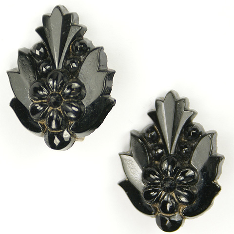 Victorian French Jet Leaves and Flowers Clip Earrings